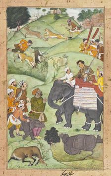 Prince Salim at a Hunt (recto), Calligraphy (verso), Folio from a Shikarn..., between 1600 and 1604. Creator: Muhammad Nasir al-Munshi