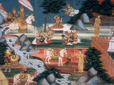 Prince Siddhattha cuts off his hair at the Anoma river..., c1800-1820. Creator: Unknown