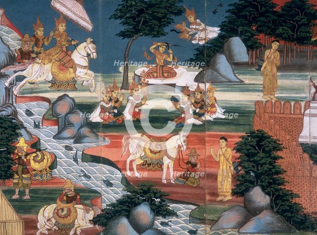 Prince Siddhattha cuts off his hair at the Anoma river..., c1800-1820. Creator: Unknown.