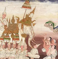 Prince Vessantara Gives Away His White Elephant, Scene from Vessantara..., between c1860 and c1890. Creator: Unknown