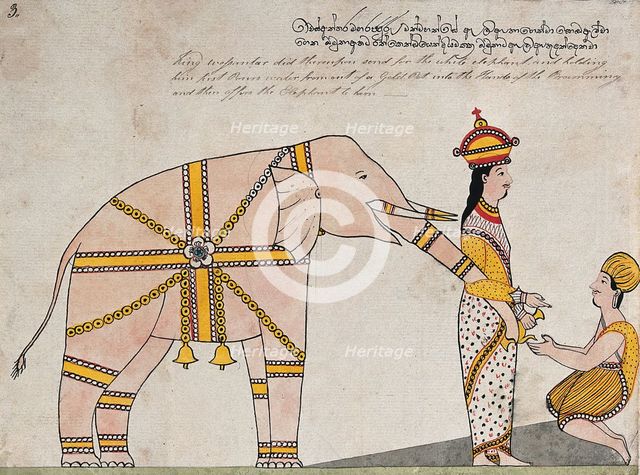 Prince Vessantara offers an elephant to the seven brahmins from Kalinga, 1815. Creator: Unknown.