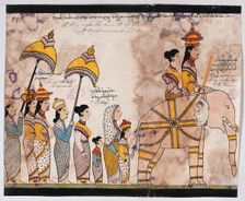 Prince Vessantara leaves the life of a hermit and returns to the city, 1815. Creator: Unknown
