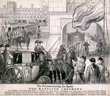 Princess Alexandra getting in her coach to leave Windsor Castle for her wedding, March 1863. Artist: Anon