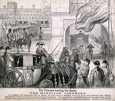 Princess Alexandra getting in her coach to leave Windsor Castle for her wedding, March 1863. Artist: Anon