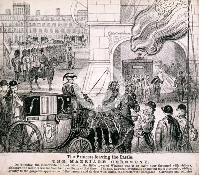 Princess Alexandra getting in her coach to leave Windsor Castle for her wedding, March 1863. Artist: Anon