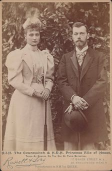 Princess Alix of Hesse and the Tsarevich Nicholas at Coburg on the day of their betrothal, 1894. Creator: Photo studio J. Russell & Sons, London