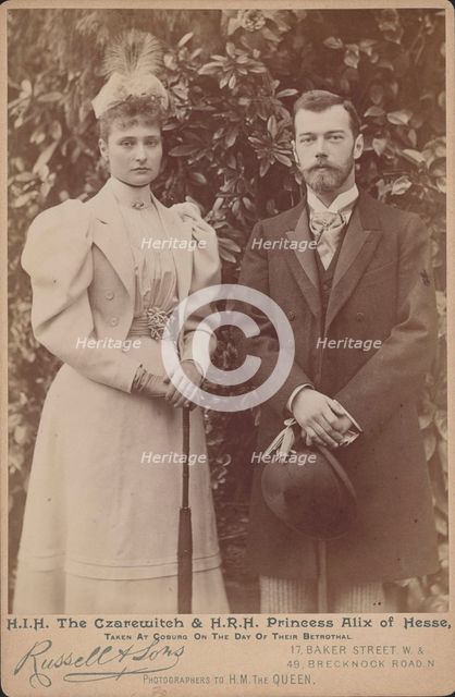 Princess Alix of Hesse and the Tsarevich Nicholas at Coburg on the day of their betrothal, 1894. Creator: Photo studio J. Russell & Sons, London  .