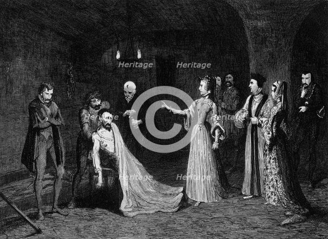 Princess Elizabeth confronted with Sir Thomas Wyatt in the torture chamber, 1554 (1840). Creator: George Cruikshank.