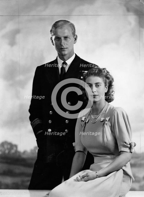 Princess Elizabeth with Lieutenant Philip Mountbatten, 9 July 1947.  Creator: Dorothy Wilding.