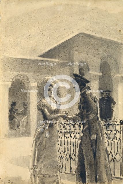 Princess Mary and Grushnitsky. Illustration to the novel A Hero of Our Time by Mikhail Lermontov, 1891. Artist: Vrubel, Mikhail Alexandrovich (1856-1910)