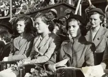 Princesses Desiree, Birgitta and Margaretha of Sweden at a dog show, Stockholm, 1950. Creator: Unknown