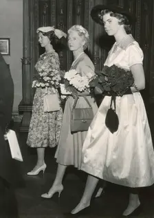 Princesses Margaretha, Sibylla and Desiree of Sweden on their way to a lunch, Stockholm, 1957. Creator: Unknown
