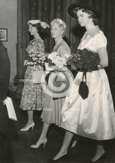 Princesses Margaretha, Sibylla and Desiree of Sweden on their way to a lunch, Stockholm, 1957. Artist: Unknown