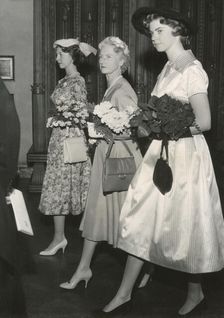 Princesses Margaretha, Sibylla and Desiree of Sweden on their way to a lunch, Stockholm, 1957