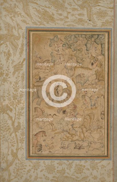 Princes hunting in a rocky landscape, c. 1580-85; borders added c. 1700s. Creator: Unknown.
