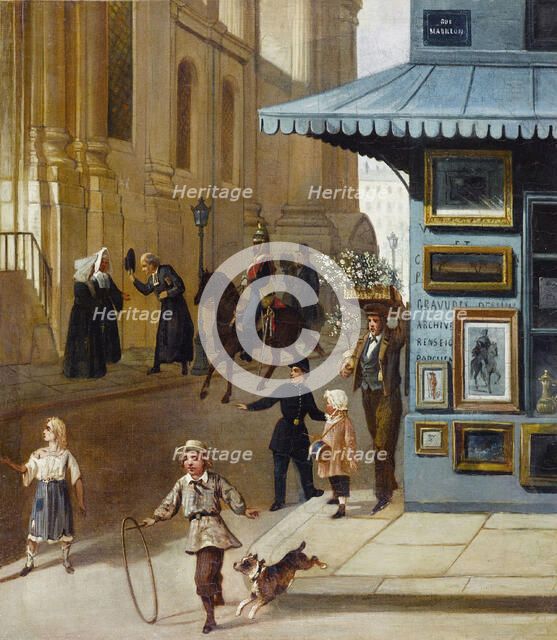 Print dealer at the corner of rue Mabillon and rue Saint-Sulpice, circa 1860. Creator: Unknown.