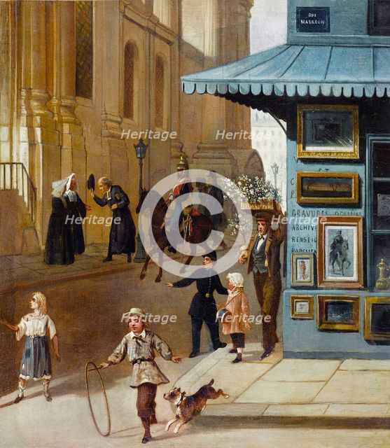 Print dealer at the corner of rue Mabillon and rue Saint-Sulpice, circa 1860. Creator: Unknown.