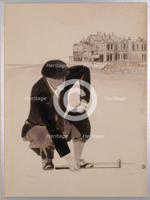 Print of golfer lining up putt, early 20th century. Creator: Unknown.