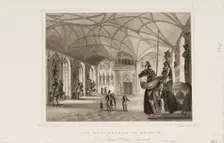 Print of Der Rittersaal zu Erbach (Interior of Gothic Revival armory of Erbach Castle)..., ca. 1850. Creator: Ludwig Rohbock