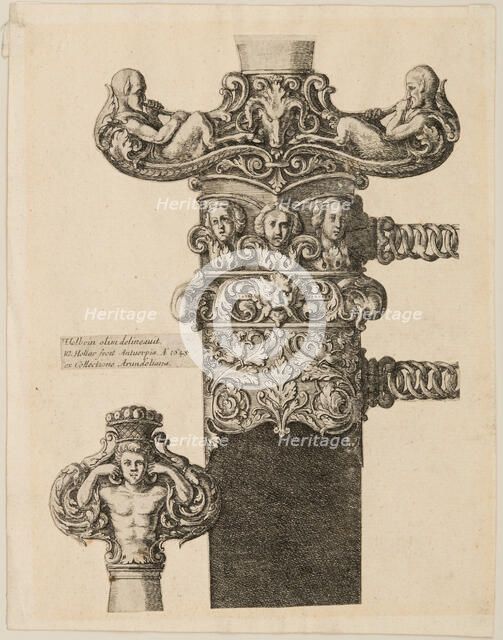 Print of Designs for a Pommel, Quillons, and Locket, 1645. Creator: Wenceslaus Hollar.