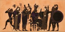 Print of the Decoration on a Greek Amphora, showing Hephaestus, Hera, Poseidon..., c1844. Creator: Kaeppelin et Compagnie
