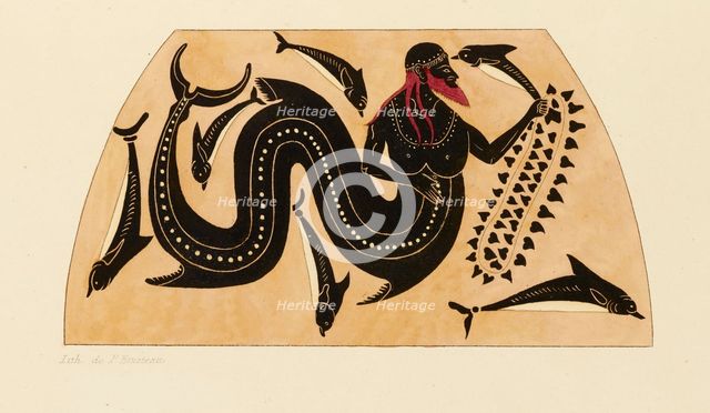 Print of the Decoration on a Greek Amphora, showing Poseidon accompanied by Dolphins, c1858. Creator: Kaeppelin et Compagnie.