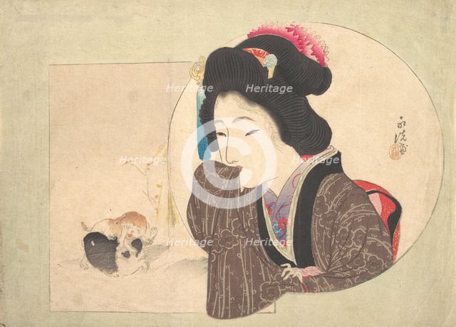 Print [woman and puppies], early-mid 19th century. Creator: Ikeda Eisen.