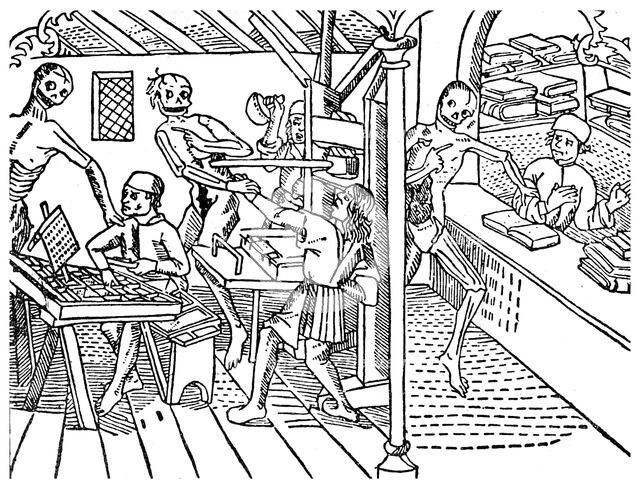 Printworkers harrassed by skeletons, 1499 (1956). Artist: Unknown