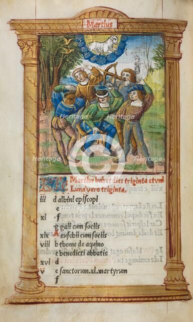 Printed Book of Hours (Use of Rome): fol. 4v, March calendar illustration, 1510. Creator: Guillaume Le Rouge (French, Paris, active 1493-1517).