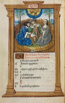 Printed Book of Hours (Use of Rome): fol. 5v, April calendar illustration, 1510. Creator: Guillaume Le Rouge (French, Paris, active 1493-1517)