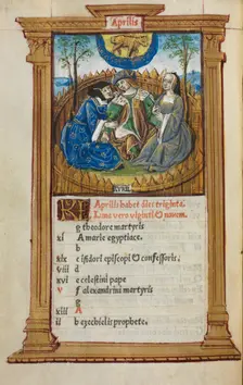 Printed Book of Hours (Use of Rome): fol. 5v, April calendar illustration, 1510. Creator: Guillaume Le Rouge (French, Paris, active 1493-1517)