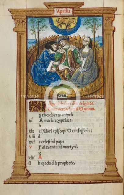 Printed Book of Hours (Use of Rome): fol. 5v, April calendar illustration, 1510. Creator: Guillaume Le Rouge (French, Paris, active 1493-1517).