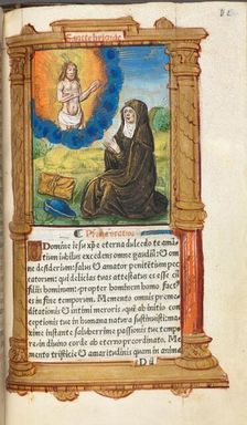 Printed Book of Hours (Use of Rome): fol. 90r, St. Bridget in Prayer before an Apparition of Christ, Creator: Guillaume Le Rouge (French, Paris, active 1493-1517)