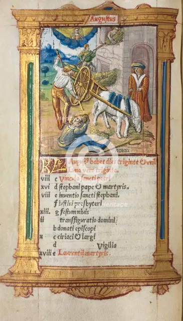 Printed Book of Hours (Use of Rome): fol. 9v, August calendar illustration, 1510. Creator: Guillaume Le Rouge (French, Paris, active 1493-1517).