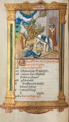 Printed Book of Hours (Use of Rome): fol. 9v, August calendar illustration, 1510. Creator: Guillaume Le Rouge (French, Paris, active 1493-1517)