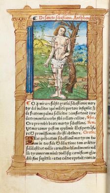 Printed Book of Hours (Use of Rome): fol. 102v, St. Sebastian, 1510. Creator: Guillaume Le Rouge (French, Paris, active 1493-1517)