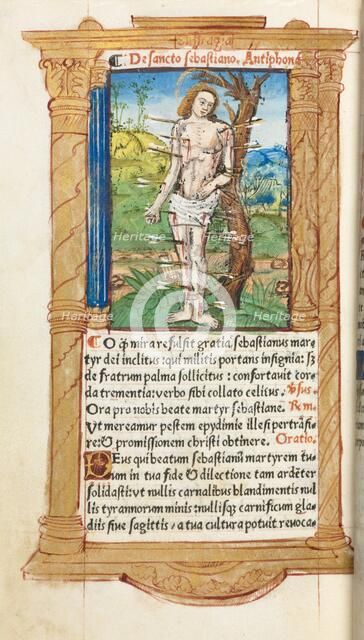 Printed Book of Hours (Use of Rome): fol. 102v, St. Sebastian, 1510. Creator: Guillaume Le Rouge (French, Paris, active 1493-1517).