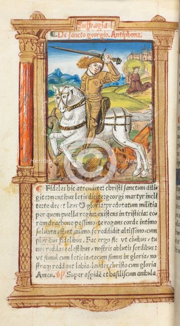 Printed Book of Hours (Use of Rome): fol. 103v, St. George Slaying the Dragon, 1510. Creator: Guillaume Le Rouge (French, Paris, active 1493-1517).