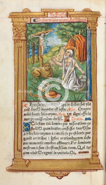 Printed Book of Hours (Use of Rome): fol. 107v, St. Jerome and the Lion, 1510. Creator: Guillaume Le Rouge (French, Paris, active 1493-1517).
