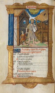 Printed Book of Hours (Use of Rome): fol. 10v, September calendar illustration, 1510. Creator: Guillaume Le Rouge (French, Paris, active 1493-1517)