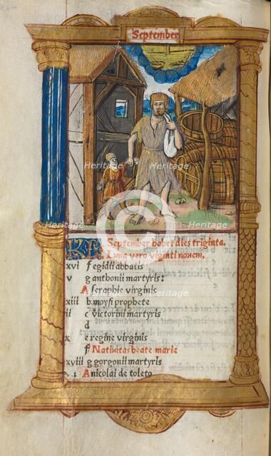 Printed Book of Hours (Use of Rome): fol. 10v, September calendar illustration, 1510. Creator: Guillaume Le Rouge (French, Paris, active 1493-1517).