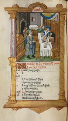 Printed Book of Hours (Use of Rome): fol. 11v, October calendar page, 1510. Creator: Guillaume Le Rouge (French, Paris, active 1493-1517)