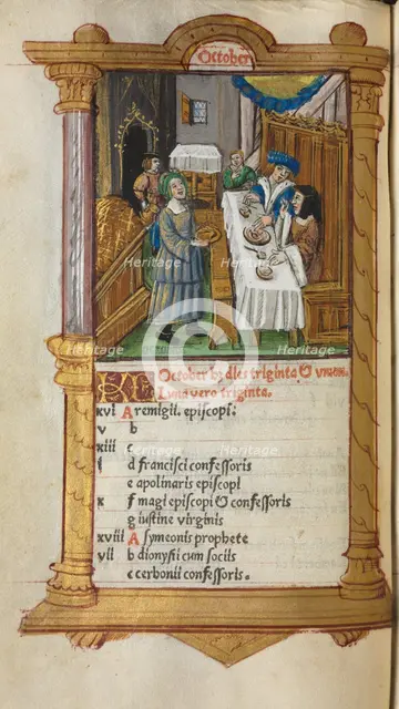 Printed Book of Hours (Use of Rome): fol. 11v, October calendar page, 1510. Creator: Guillaume Le Rouge (French, Paris, active 1493-1517).