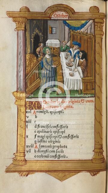 Printed Book of Hours (Use of Rome): fol. 11v, October calendar page, 1510. Creator: Guillaume Le Rouge (French, Paris, active 1493-1517).