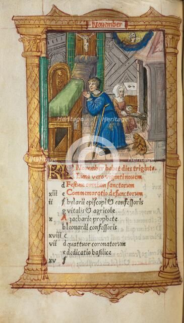 Printed Book of Hours (Use of Rome): fol. 12v, November calendar page, 1510. Creator: Guillaume Le Rouge (French, Paris, active 1493-1517).