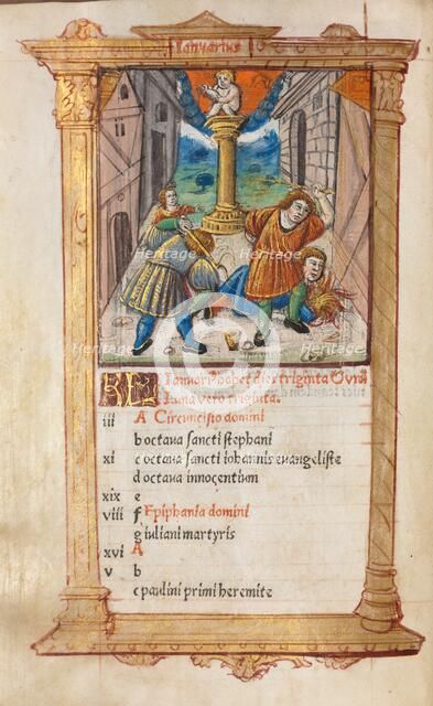 Printed Book of Hours (Use of Rome): fol. 2v, January calendar illustration, 1510. Creator: Guillaume Le Rouge (French, Paris, active 1493-1517).
