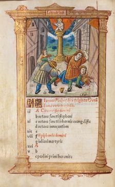 Printed Book of Hours (Use of Rome): fol. 2v, January calendar illustration, 1510. Creator: Guillaume Le Rouge (French, Paris, active 1493-1517)