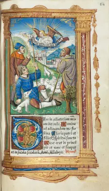 Printed Book of Hours (Use of Rome): fol. 36r, Annunciation to the Shepherds, 1510. Creator: Guillaume Le Rouge (French, Paris, active 1493-1517)