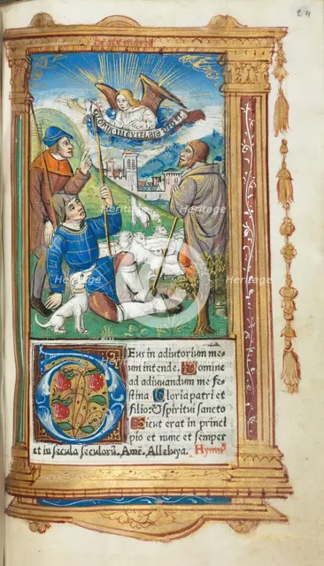 Printed Book of Hours (Use of Rome): fol. 36r, Annunciation to the Shepherds, 1510. Creator: Guillaume Le Rouge (French, Paris, active 1493-1517).