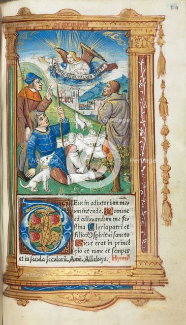 Printed Book of Hours (Use of Rome): fol. 36r, Annunciation to the Shepherds, 1510. Creator: Guillaume Le Rouge (French, Paris, active 1493-1517).